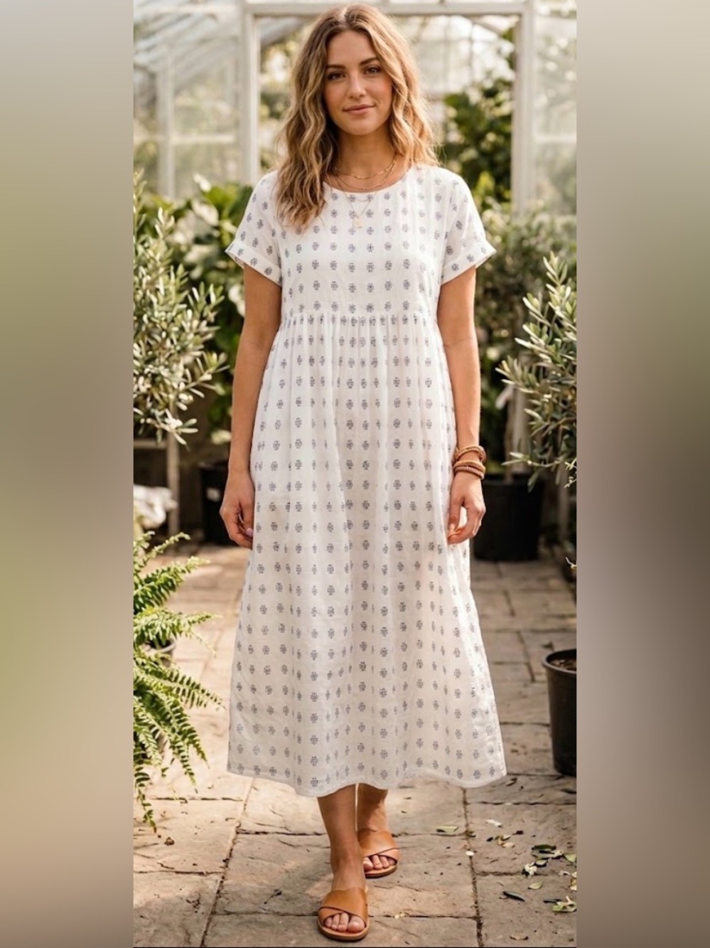 ROOLEE NWT White Blue Geometric Print Short Sleeve Babydoll Midi Dress Size L